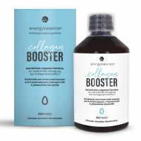 Hellblaue Verpackung und lichtgeschützte braune Flasche von EnergyBalance Collagen Booster – veganes Nahrungsergänzungsmittel zur Förderung der Kollagenproduktion mit 6 Aminosäuren, Coenzym Q10 und pflanzlichen Ceramiden, 300 ml, Zitronen- und Karottenges