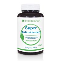 Brauner EnergyBalance®-Behälter mit 60 VegeCaps Super Antioxidantien. Enthält 4 natürliche essentielle Antioxidantien zur Unterstützung der Immunabwehr, 645 mg pro Kapsel – veganes Nahrungsergänzungsmittel für Gesundheit und Vitalität.